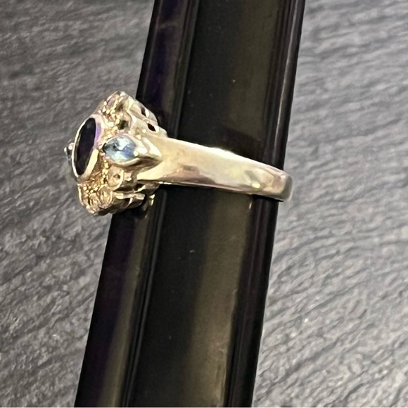 Vintage Sterling Silver 925 Blue Topaz And Cz Floral Ring Size 12 - Picture 9 of 16